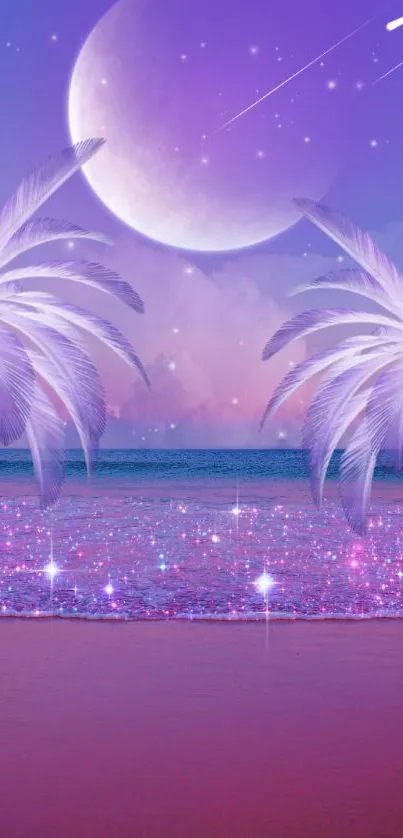 Dreamy moonlit beach scene with violet sky and palm trees.