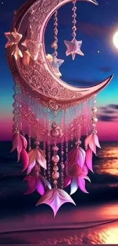 Intricate moonlit design over a serene beach at night.