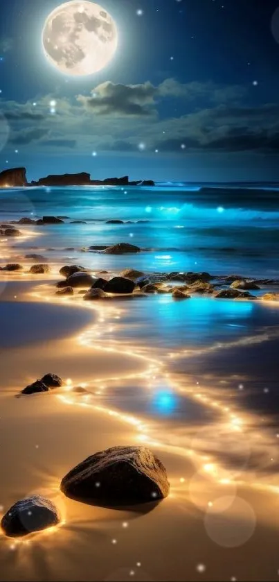 Moonlit beach scene with glowing sand and sparkling water under a starry sky.