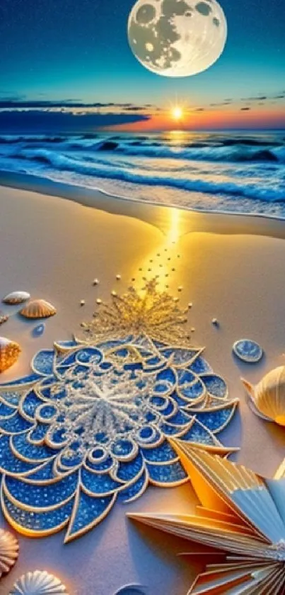 Moonlit beach with artistic seashells and ocean waves.