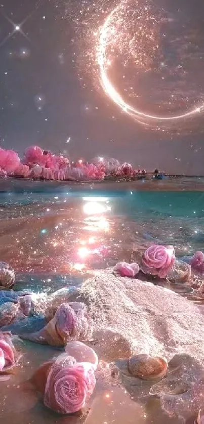 Pink flowers and moonlight over serene beach scene.