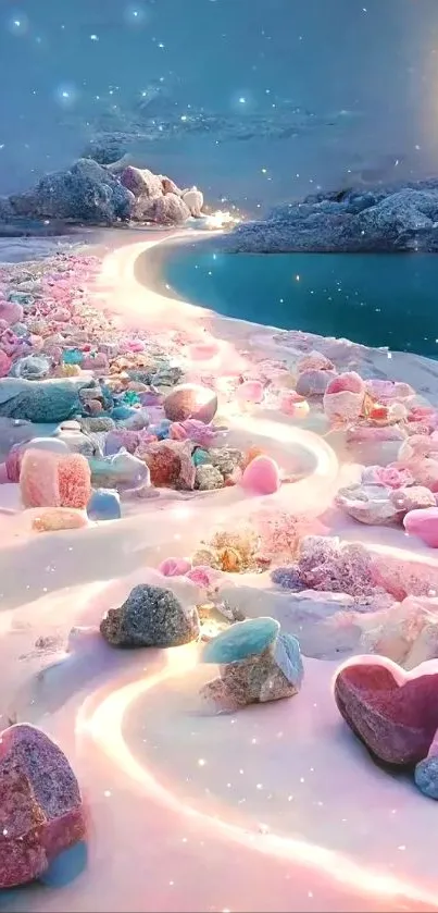 Dreamy moonlit beach with glowing stones and serene colors.