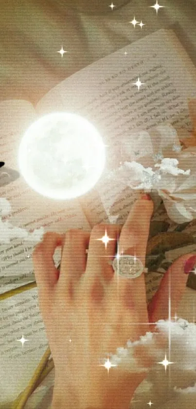 Hand on book with moonlit roses and butterfly in evening glow.