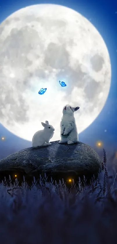 Rabbits on a rock under the full moon with blue butterflies glowing in the night.