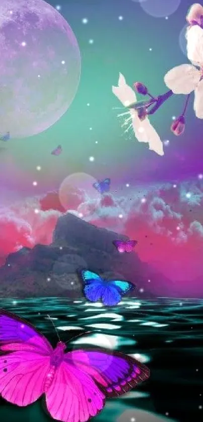 Vibrant butterfly scene with moonlit sky and blossoms.