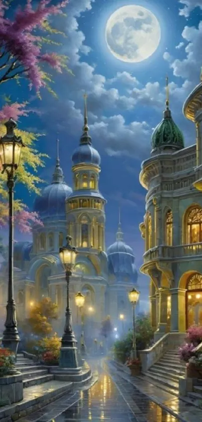 Dreamy cityscape under a full moon with glowing street lamps and vibrant architecture.