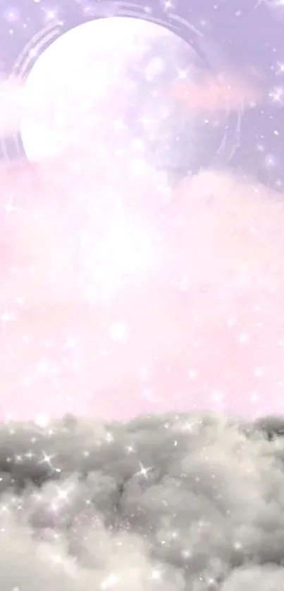 Dreamy moonlit pink and purple clouds with sparkles, perfect for mobile wallpaper.