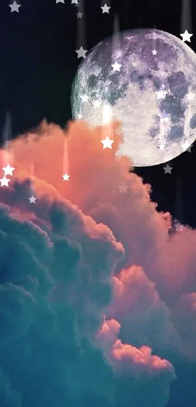 Full moon illuminating vibrant clouds in a violet night sky wallpaper.