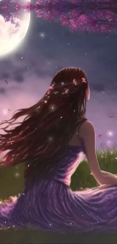 Fantasy scene of a girl under a moonlit sky.