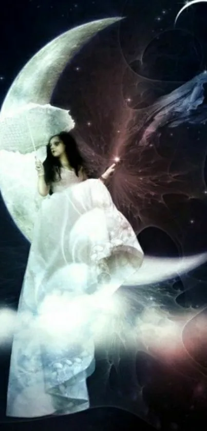 Dreamy woman with umbrella on clouds in moonlit fantasy scene.