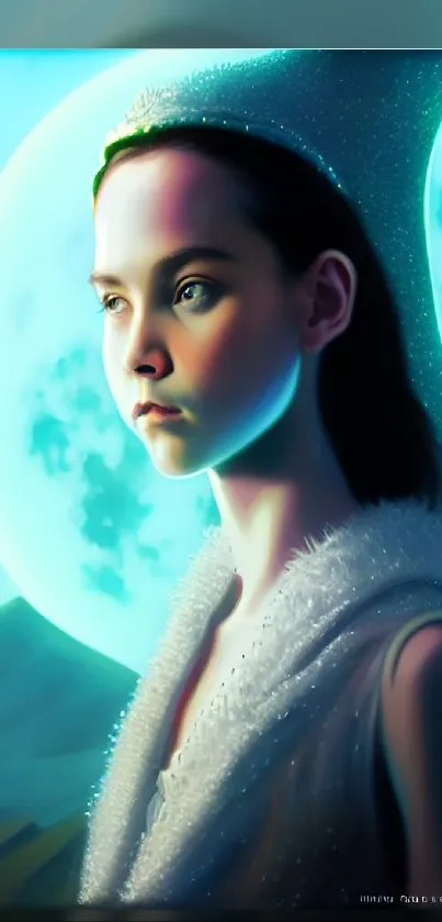 Mystical portrait with moonlit hues and ethereal elements.