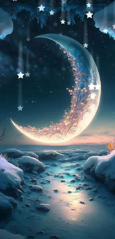 Dreamy crescent moon and snowy landscape in a fantasy setting.