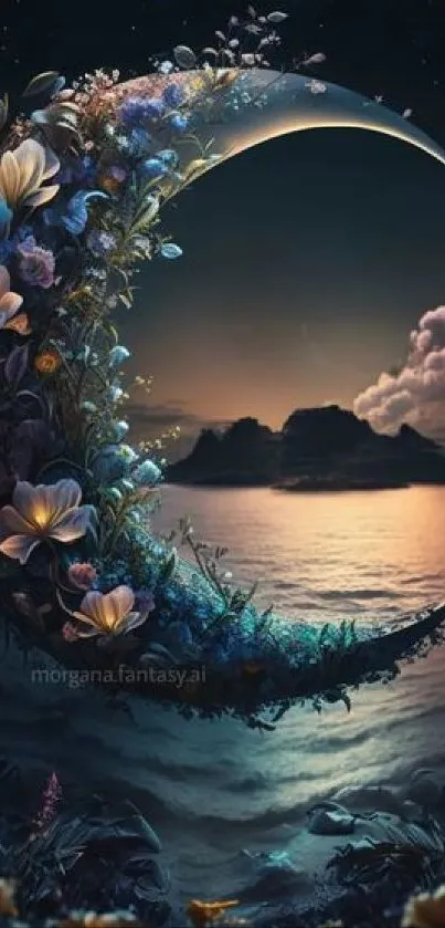 Crescent adorned with flowers under a starry night sky over a calm sea.