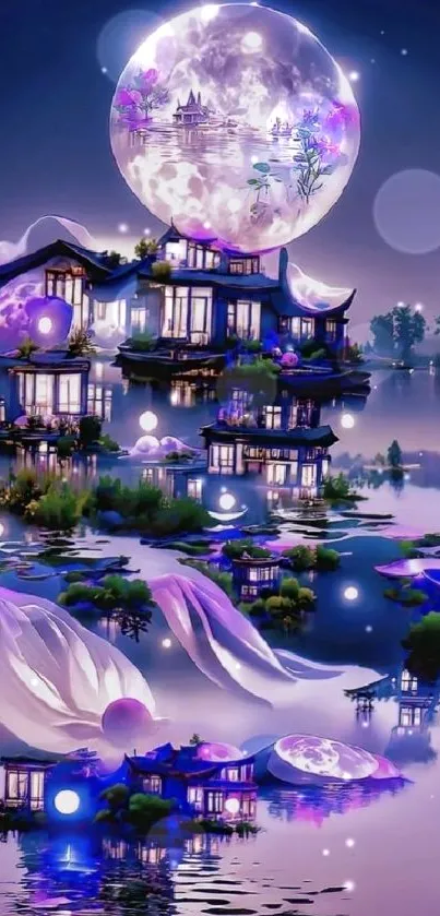 Dreamy moonlit fantasy scene with glowing reflections and serene ambiance.