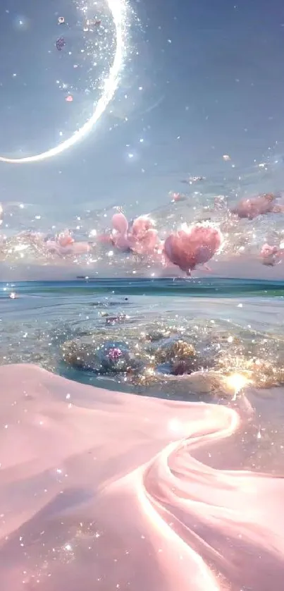 Moonlit fantasy wallpaper with pink clouds over a serene ocean.