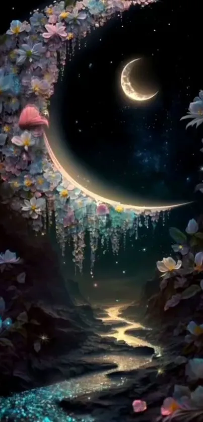 Moonlit scene with flowers and crescent moon over a shimmering stream.