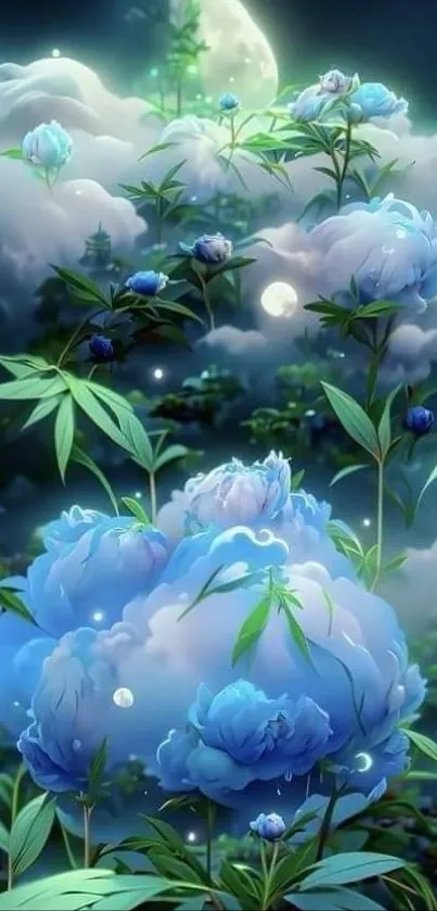 Blue flowers and moonlit sky wallpaper with lush greenery.