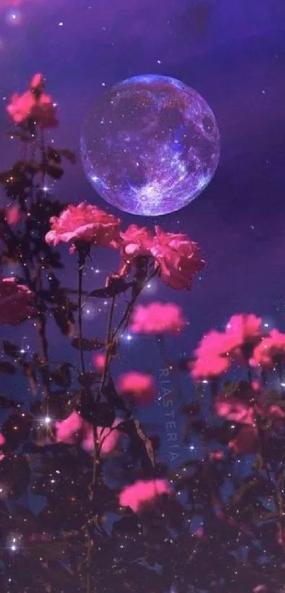 Fantasy scene with pink flowers and a glowing moon under a purple sky.