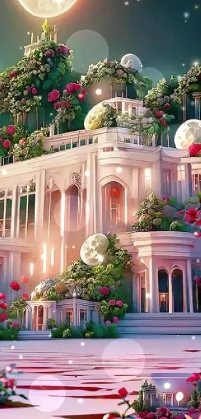 Mystical moonlit garden with pink blossoms and serene vibes.