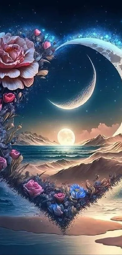 Heart of roses under moonlight with ocean view on mobile wallpaper.