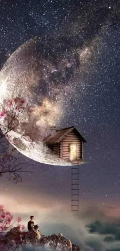 Dreamy night wallpaper with moonlit cabin and starry sky.