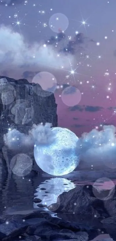 Dreamy moonlit landscape with starry sky and serene water reflections.