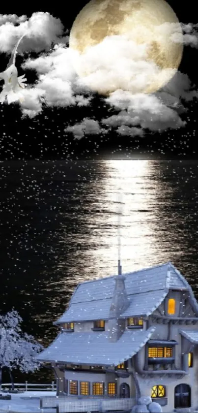 Moonlit night with house and water reflection.