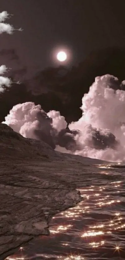 Dreamy moonlit sky with clouds and reflective water.