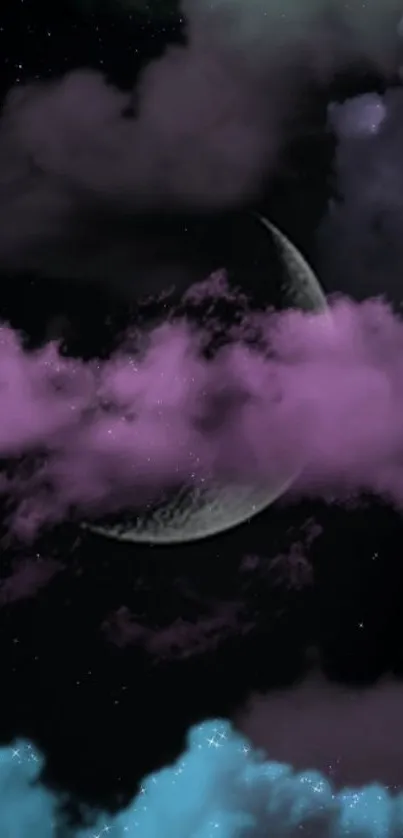 Purple clouds and crescent moon night sky wallpaper.