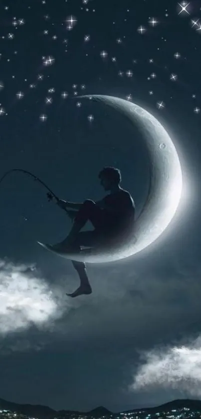 Silhouette fishing on a crescent moon against a starry night sky.