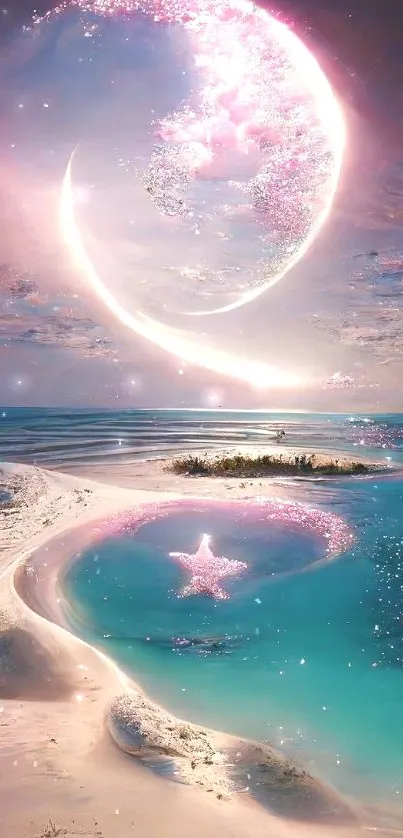 Fantasy moonlit ocean scene with glowing stars and sand dunes.