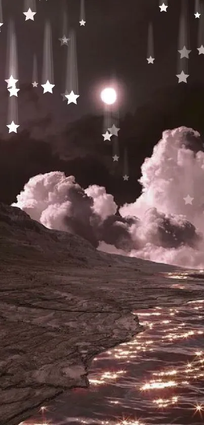 Moonlit ocean scene with clouds and shimmering water at night.