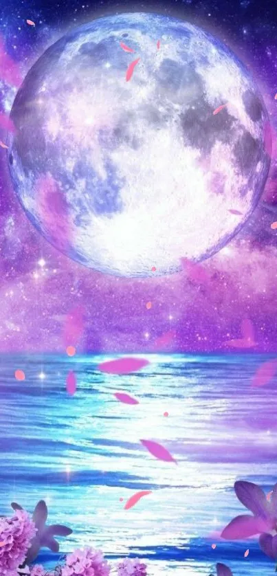 Moonlit ocean with purple sky and flowers mobile wallpaper.