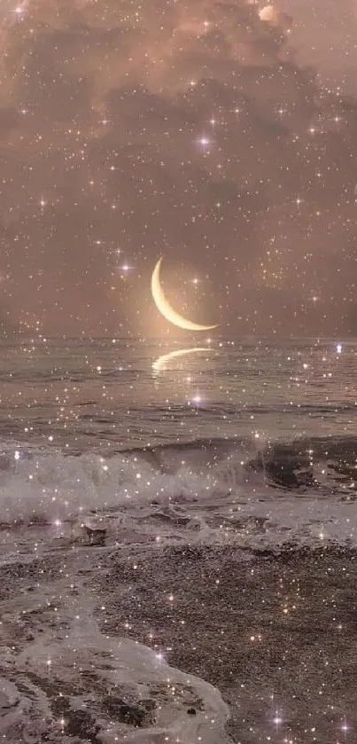 Dreamy moonlit ocean with crescent moon and stars.