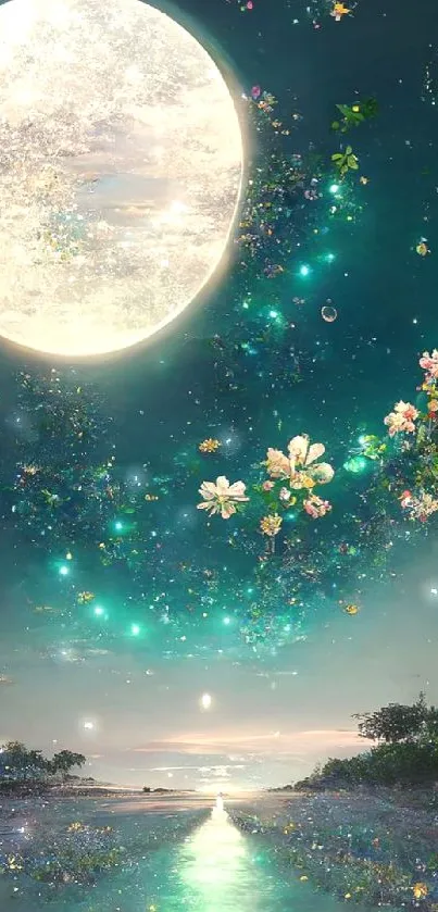 A dreamy full moon and floral path in a serene night landscape wallpaper.