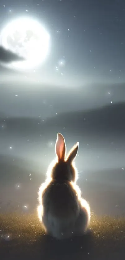 Rabbit gazing at full moon in a misty, moonlit landscape.