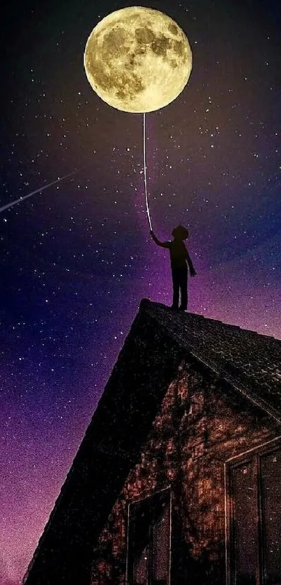 Silhouetted child holding a moon balloon on a rooftop under a starry sky.