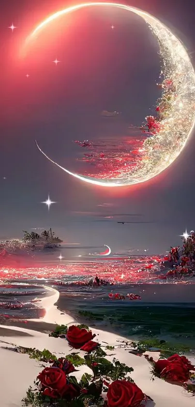 A crescent moon over dreamy roses in a fantasy landscape.