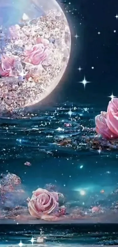 Moonlit scene with pink roses and sparkling stars on a dark cyan background.