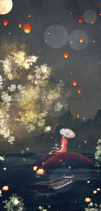 Dreamlike scene with a full moon, lanterns, and a serene river at night.
