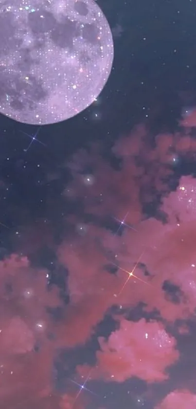 Purple moon and pink clouds under a starry sky mobile wallpaper.