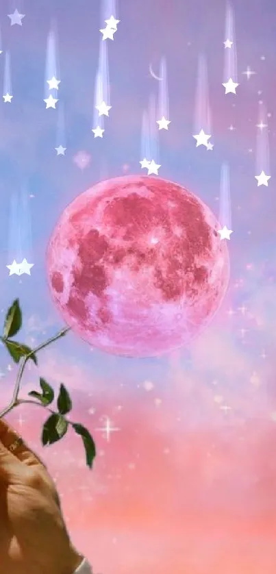 Hand holding a branch under a pink moon in a pastel sky.