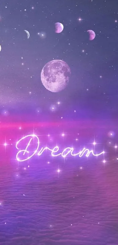 Dreamy wallpaper with moon phases and purple night sky.