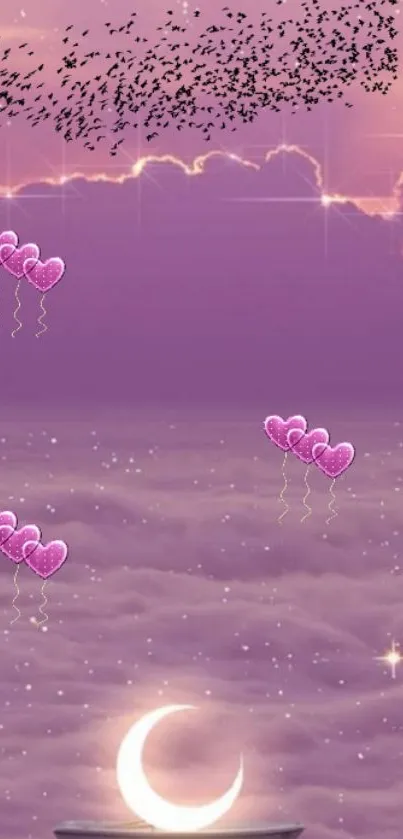 Dreamy wallpaper with moon and pink balloons.