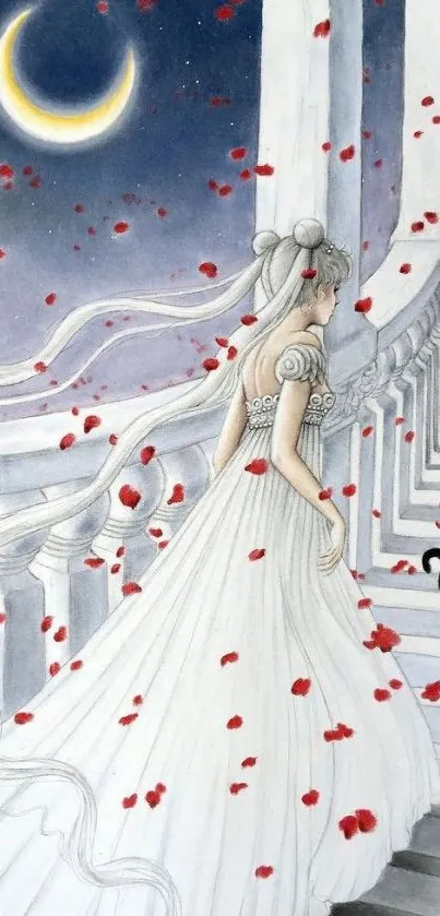 Woman in white gown on a moonlit staircase with a black cat and red petals.