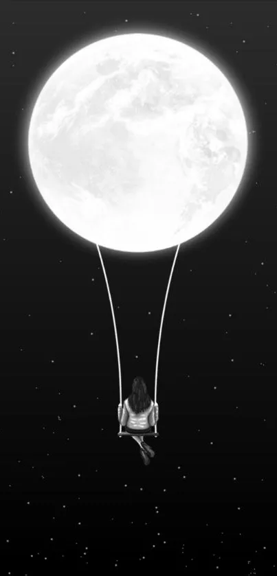 Silhouette on a swing beneath a large moon in a starry sky wallpaper.