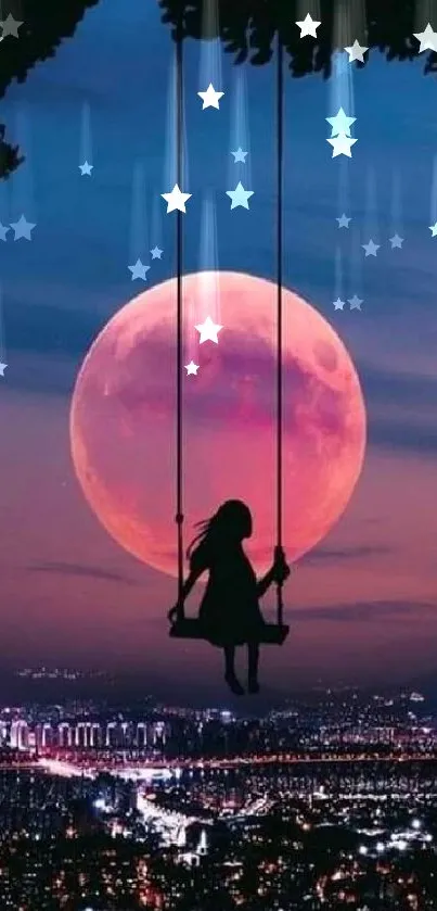 Silhouette of a girl on a swing against a vibrant pink moonlit sky.