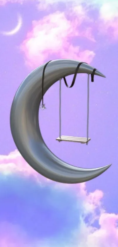 Crescent moon swing amidst pastel clouds.