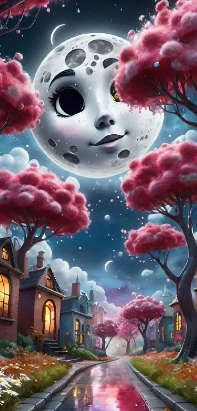 Charming moonlit village with pink trees and smiling moon.