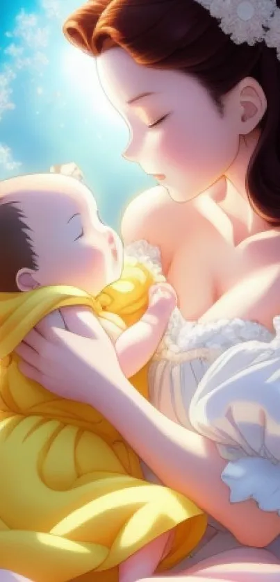 Mother holding child under a moonlit sky with flowers.